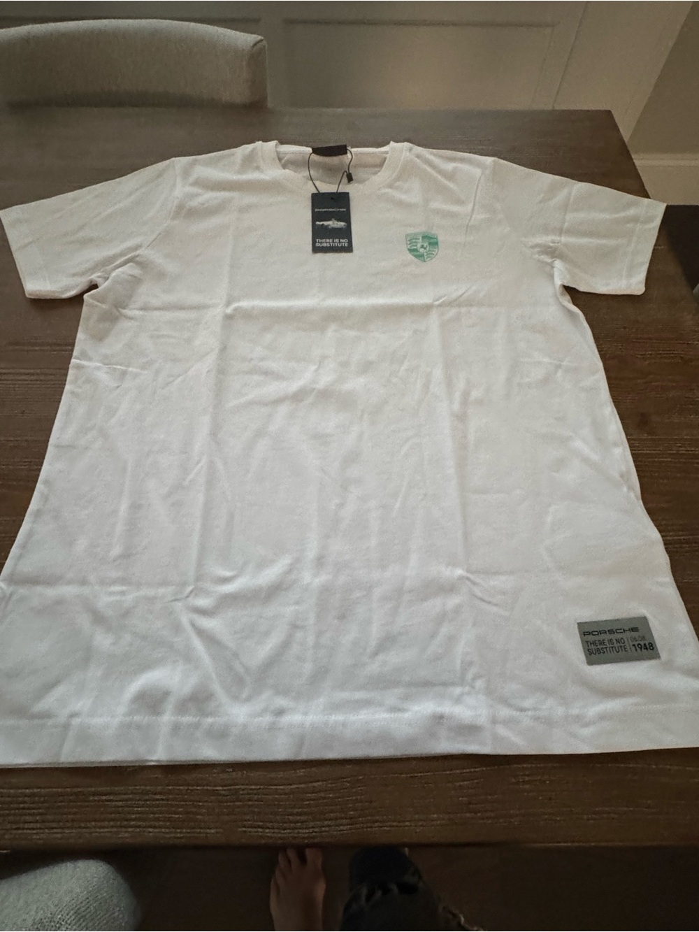 Porsche Design White Short Sleeve Tee with Green Crest Patch
